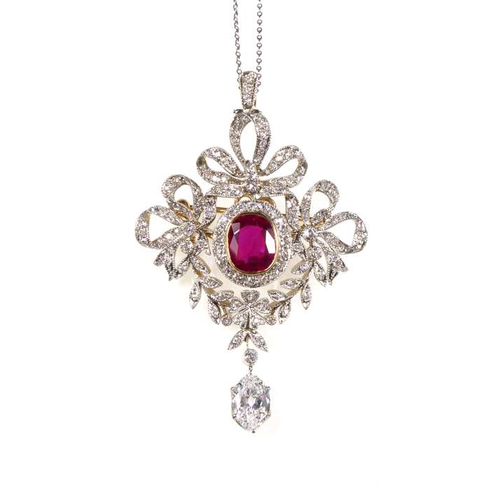 Diamond and ruby garland brooch-pendant